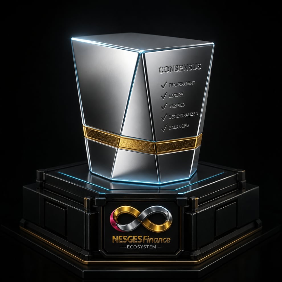 Modern glass award trophy with gold accents and Nesges Finance logo on black hexagonal base