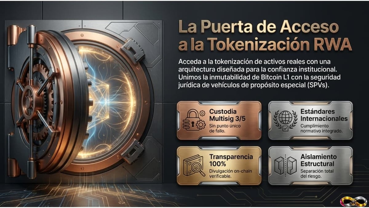 Infographic showing a digital vault door with text about RWA tokenization gateway, featuring custody, transparency, and structural storage features