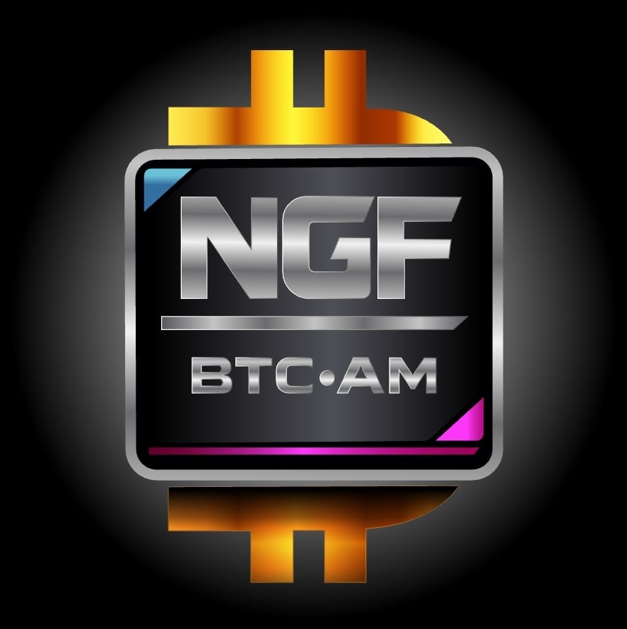 NGF BTC.AM logo featuring golden bitcoin symbol above a digital display screen on black background