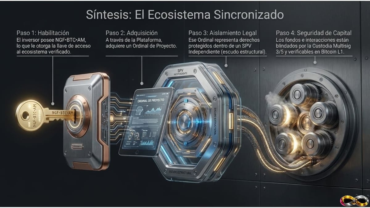 Infographic showing four steps of the synchronized ecosystem synthesis with mechanical component designs and Spanish descriptive labels