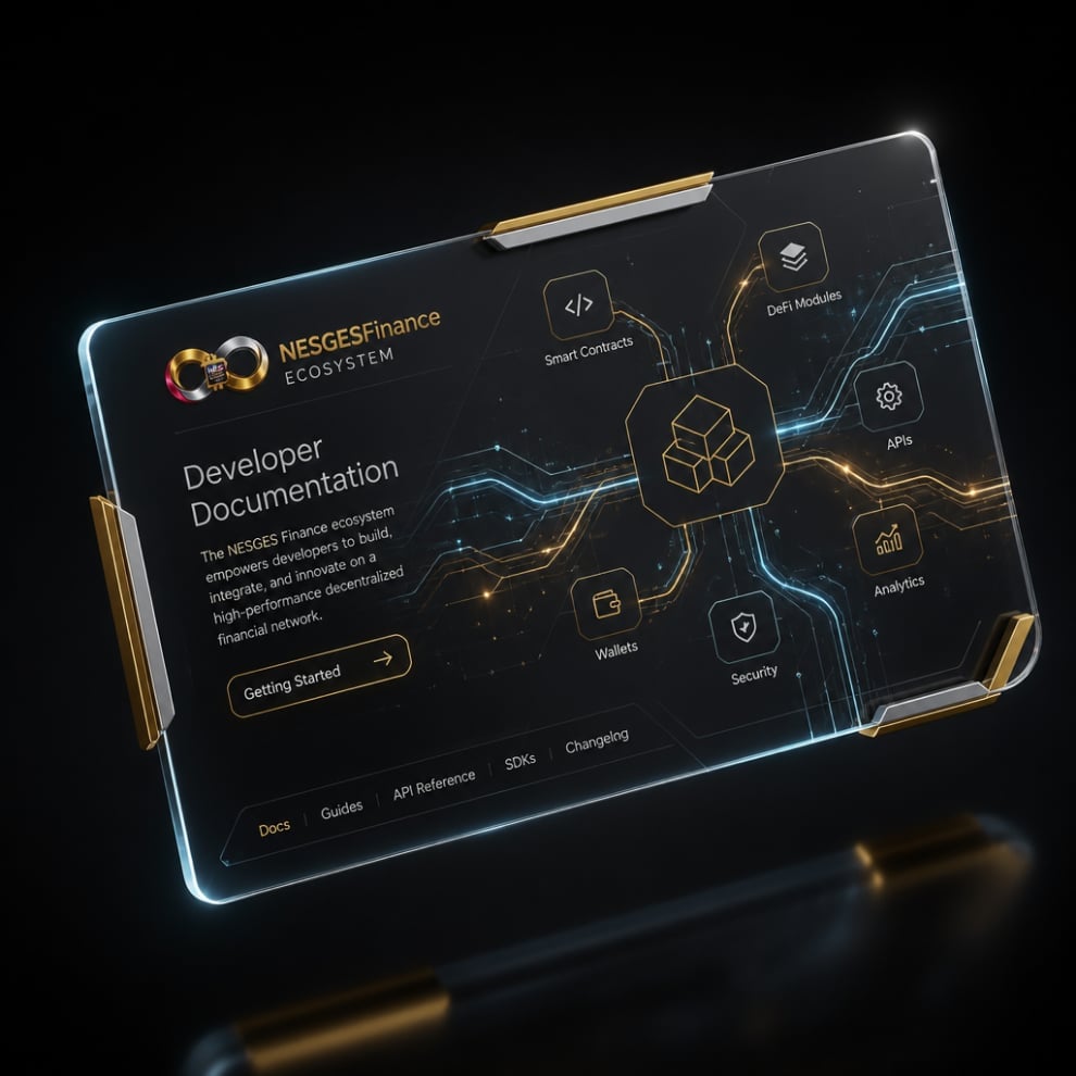 Dark themed tablet displaying Developer Documentation for NESGES Finance Ecosystem with glowing circuit board design and gold accents
