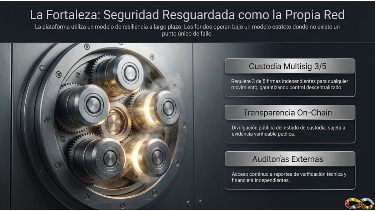 La Fortaleza: Seguridad Resguardada como la Propia Red - Security infrastructure diagram with mechanical gears and three Spanish labels for custody, transparency, and external audits