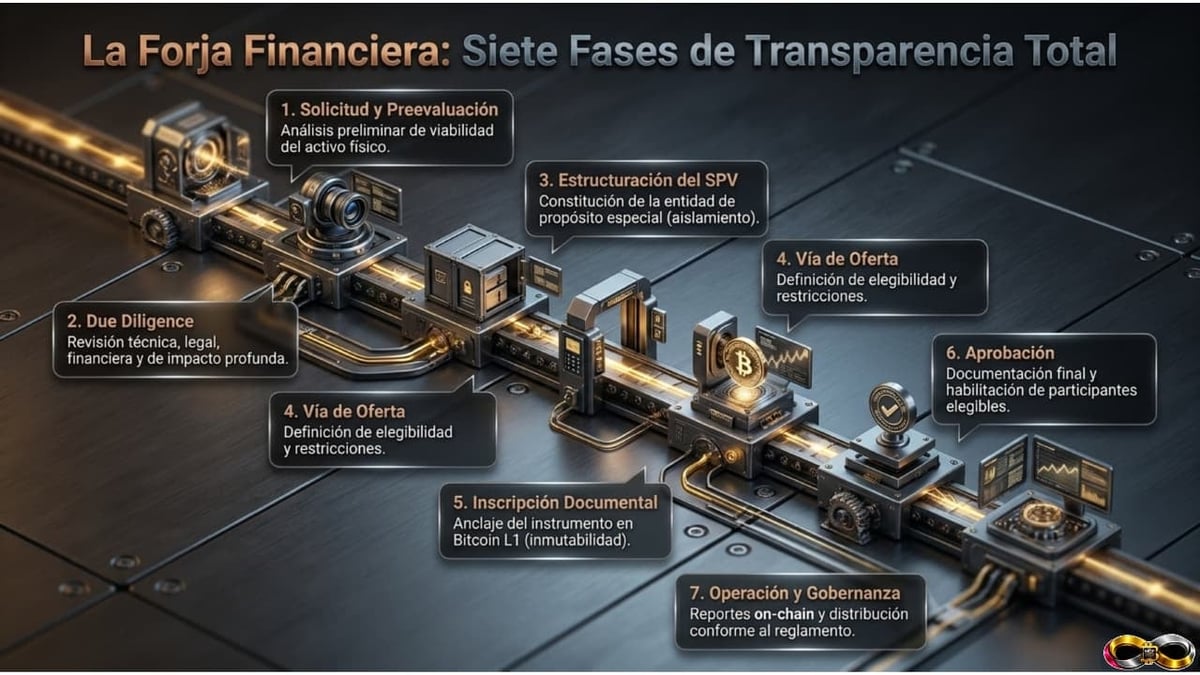 Infographic of La Foria Financiera showing seven phases of total transparency with connected circular icons along a golden train track