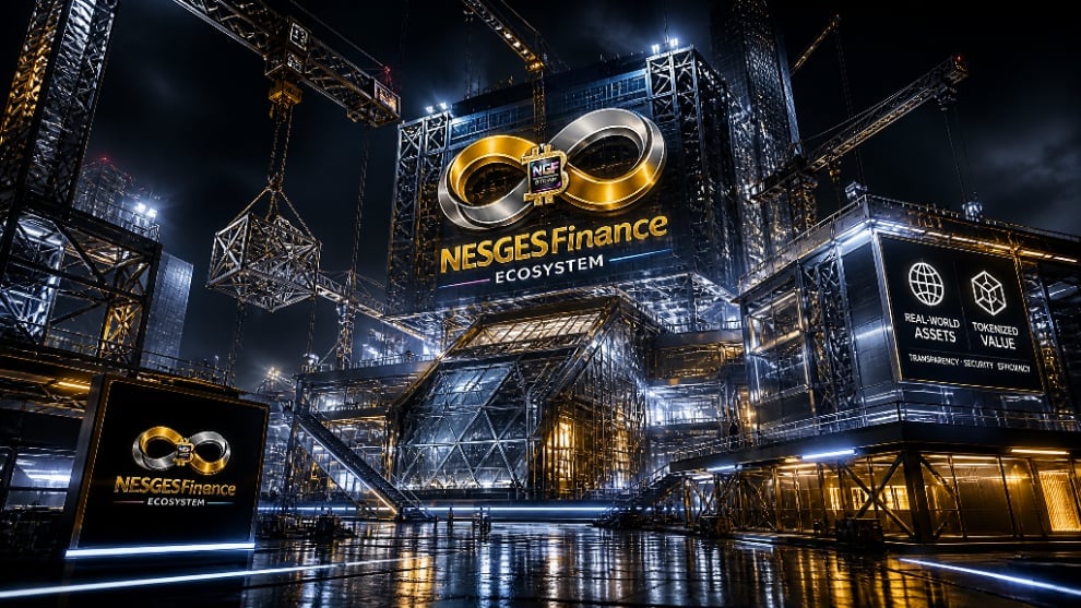 Futuristic NESGES Finance industrial infrastructure with cranes and real-world asset tokenization, illuminated in gold and blue neon