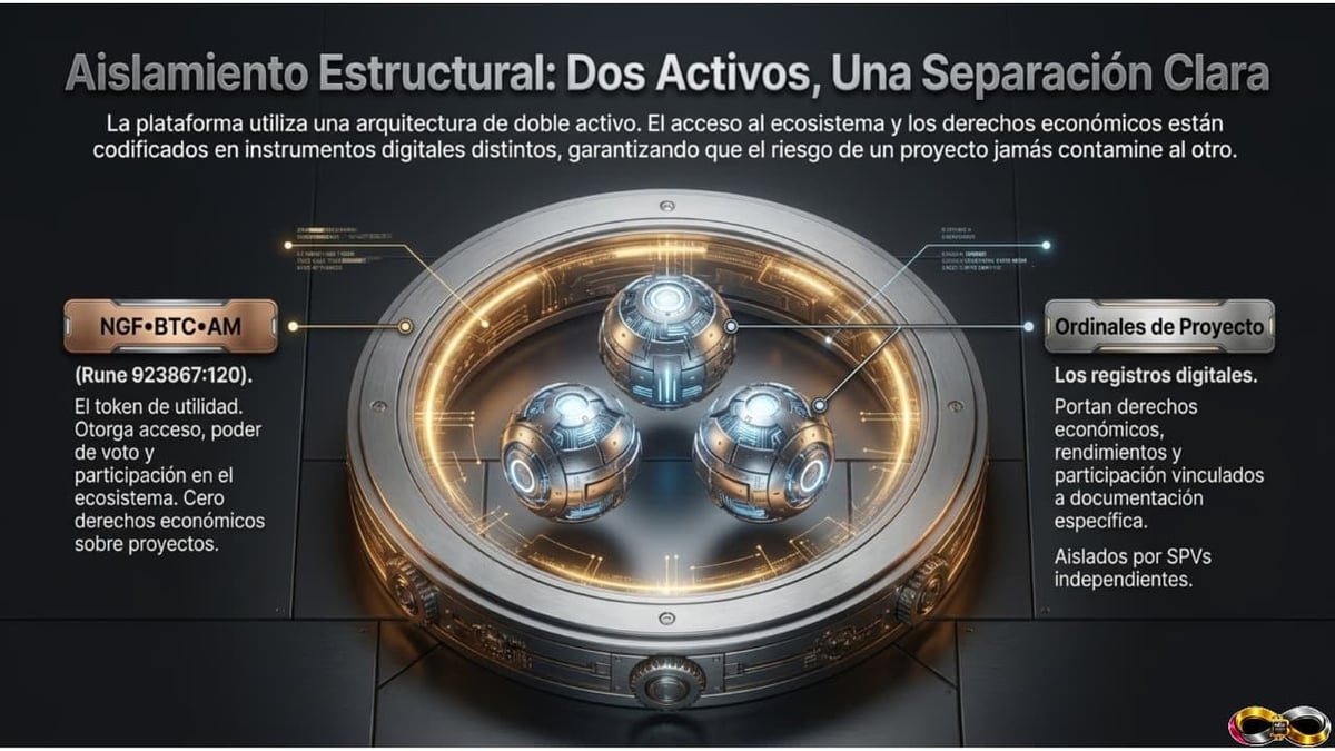 Diagram showing structural isolation concept with digital spheres and interconnected nodes in a circular design with Spanish labels and explanatory text