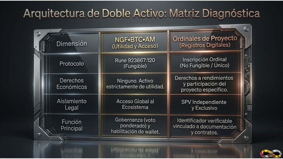 Diagnostic matrix table for Dual Active Architecture showing dimensions, protocols, economic rights, legal settlement, and primary functions with corresponding NGF+BTC+AM utility and project ordinances