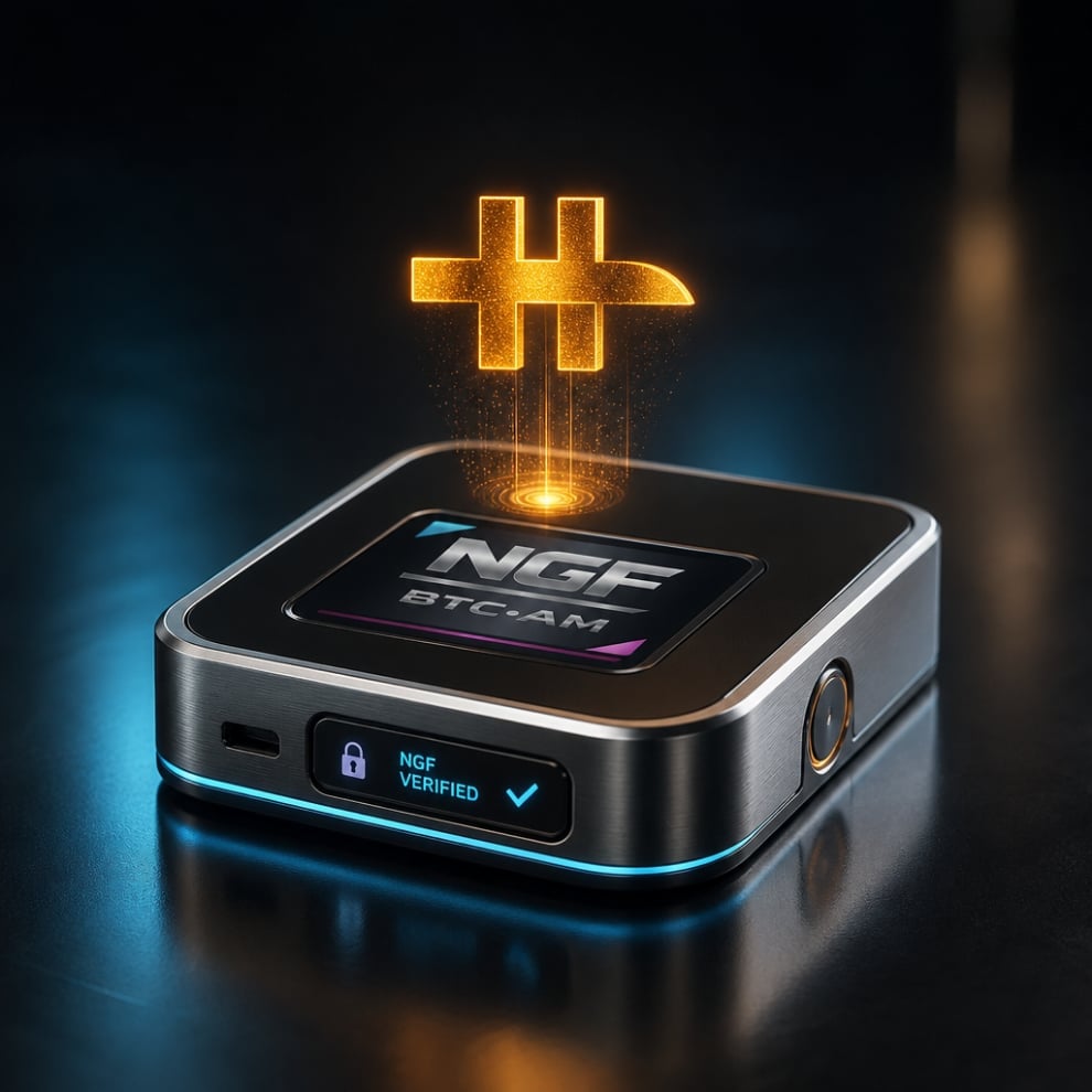 NGF verified security device with glowing golden plus symbol above, black metallic design with blue accent lighting