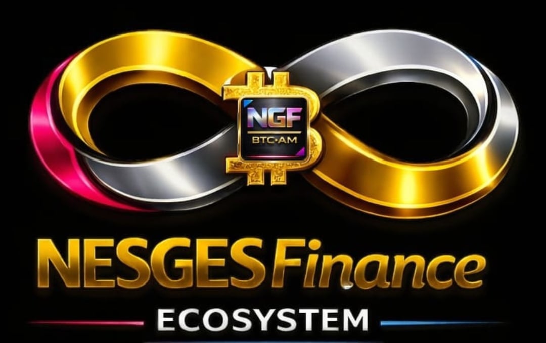 NESGES Finance ecosystem logo featuring an infinity symbol in gold and silver with a bitcoin icon in the center