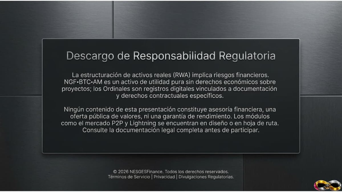 Spanish regulatory disclaimer slide about RWA structured assets and financial risks with legal disclaimers