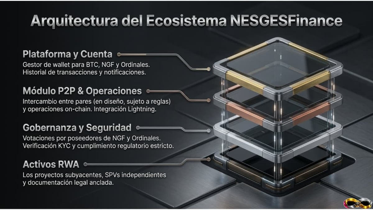 Architectural diagram of the NESGES Finance Ecosystem showing platform layers including wallet management, P2P operations, governance, security, and RWA assets