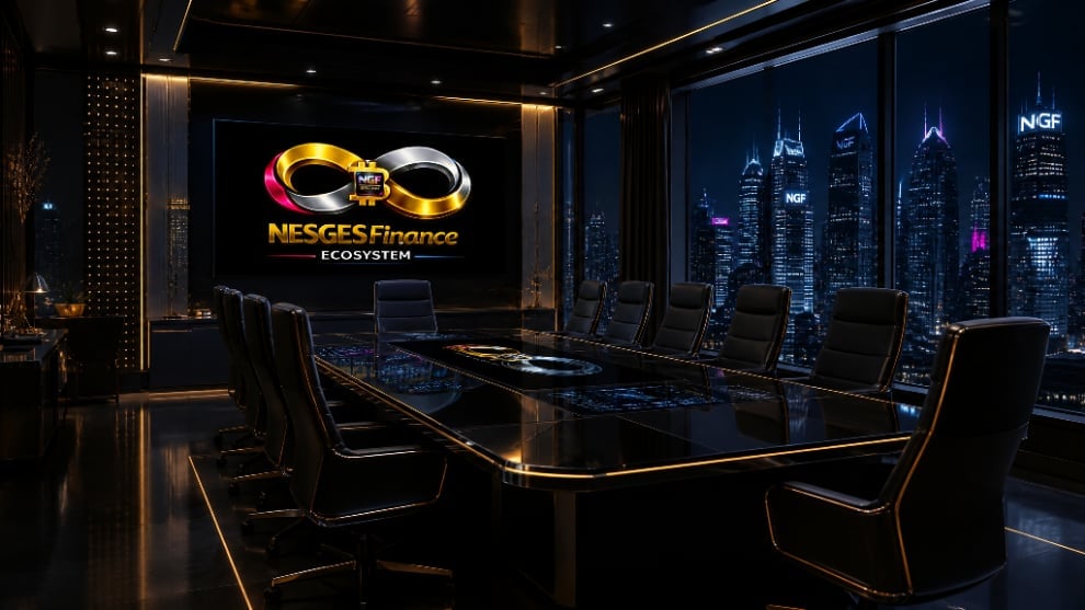 Modern conference room with NESGES Finance logo on wall, long table, black chairs, and cityscape view through floor-to-ceiling windows at night